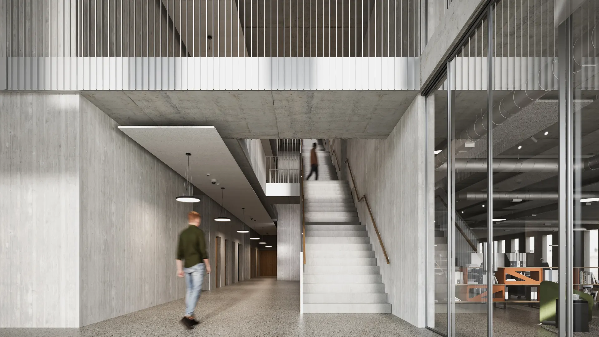 Schildareal Neubau E2 Liestal – Sichtbeton-Treppenhaus